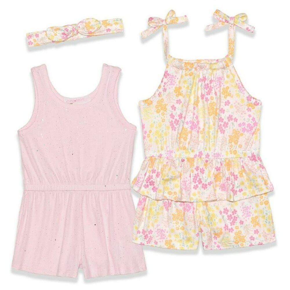 YELLOW & Pink Floral & Strip Romper Set - 6/9 Month